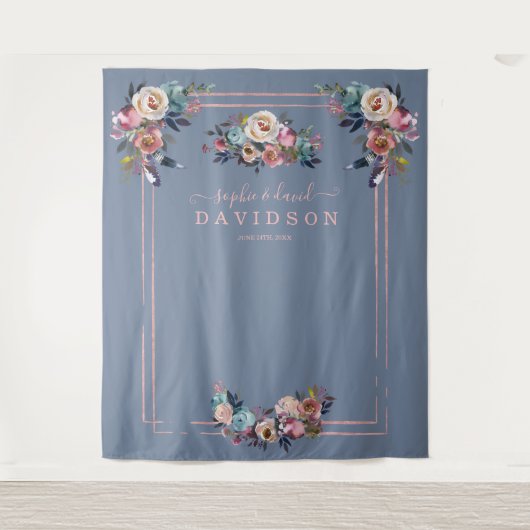 Stof Stof Blauw Roze Bloem Roze Goud Foto Booth Wandkleed (Voorkant)