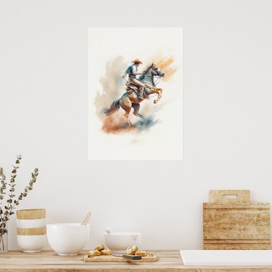 Stof western watercolor “Bokkende Bronco” Poster (Keuken)