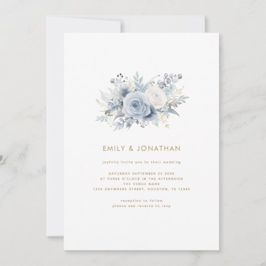 Stofachtige blauwe bloemen Gouden script QR-code T Kaart (Voorkant)