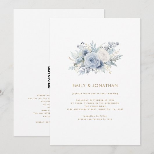 Stofachtige blauwe bloemen Gouden script QR-code T Kaart (Voorkant / Achterkant)