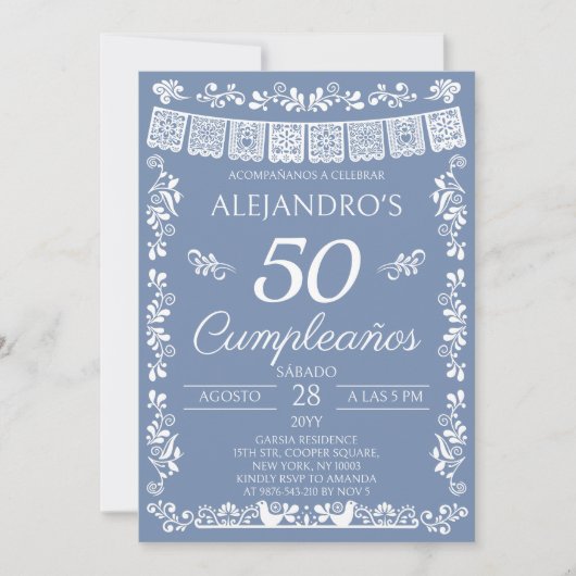 Stofblauw 50 Cumpleaños Verjaardagsfeest Kaart (Voorkant)