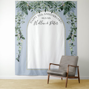 Stofblauw aquarel bladgroen Moderne boog achtergro Wandkleed