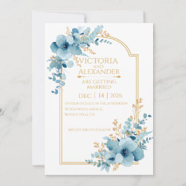 Stofblauw aquarel bloem gouden boog trouwfeest kaart