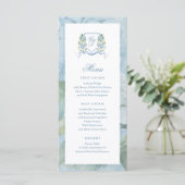 Stofblauw Aquarel Bloemenkroon Bruiloft Menu (Staand voorkant)