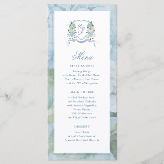 Stofblauw Aquarel Bloemenkroon Bruiloft Menu (Voorkant)