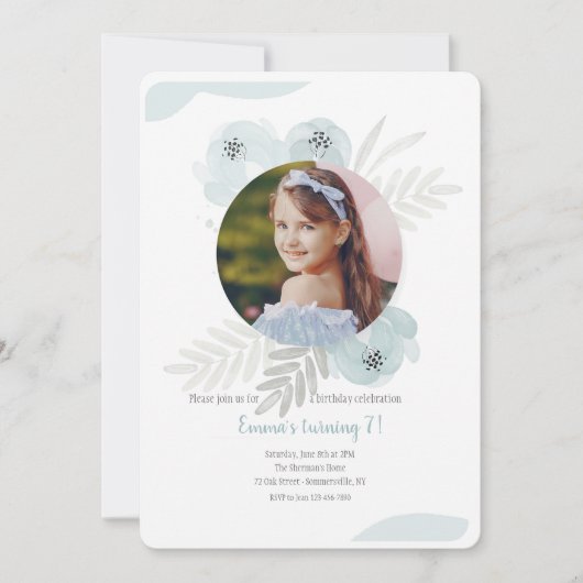 Stofblauw Aquarel Foto Kaart (Voorkant)