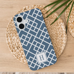 Stofblauw Bamboe Lattice Patroon Monogram iPhone 16 Hoesje