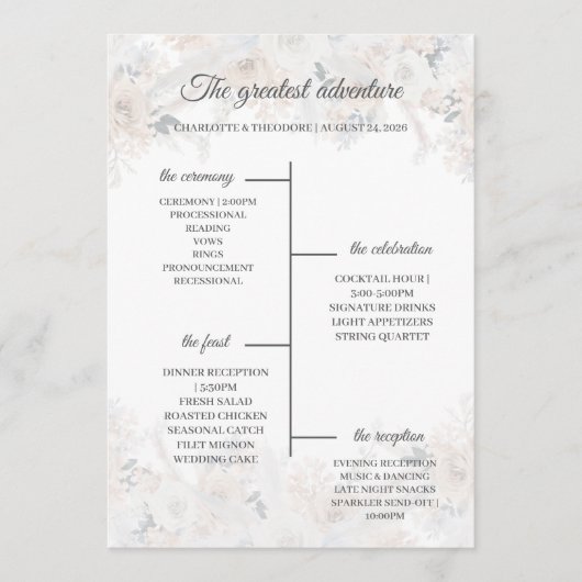 Stofblauw Beige Bloem Goud Trouwprogramma Kaart (Voorkant)