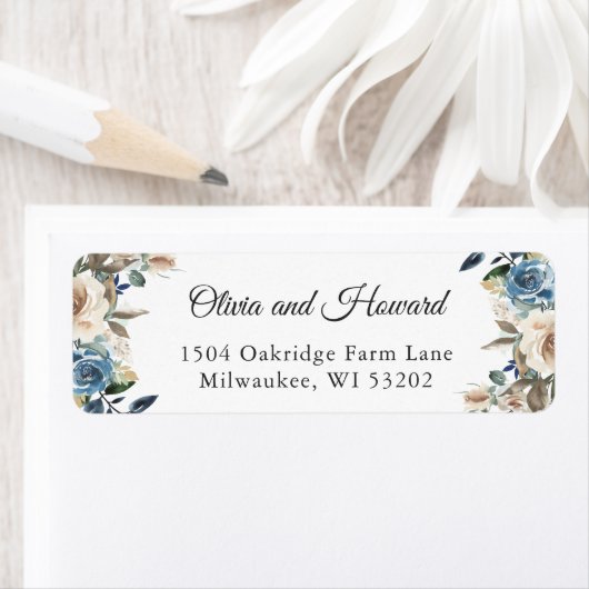 Stofblauw Beige Boho Bloemen Retouradreslabel Etiket (Insitu)