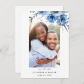 Stofblauw & Blauwe Bloemige Save The Date Foto 2 (Voorkant / Achterkant)