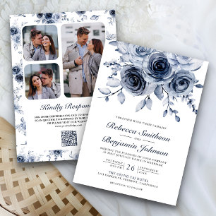 Stofblauw Bloem Foto Collage QR Code Trouwen Kaart