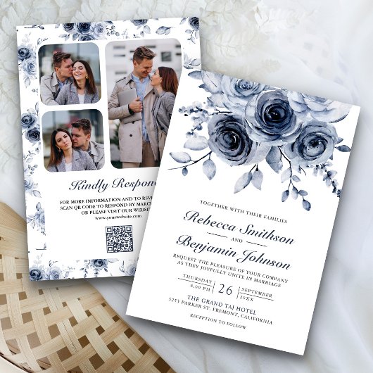 Stofblauw Bloem Foto Collage QR Code Trouwen Kaart