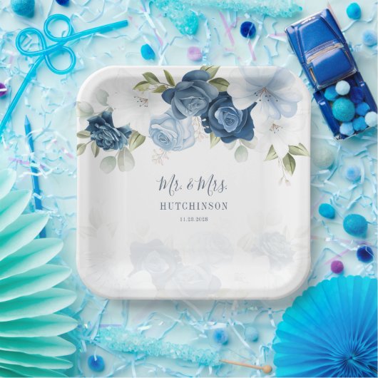 Stofblauw bloemengebladerte Mr en Mrs Bruiloft Papieren Bordje (Feest)