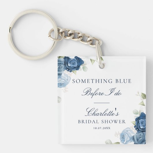 Stofblauw Bloemenscript Waterverf Aandenken Sleutelhanger (voorkant)