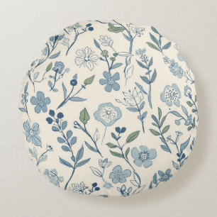 Stofblauw Bloemenweide Botanisch Patroon Rond Kussen