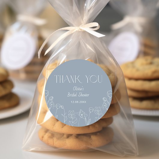 Stofblauw bloemig bruidsfeest bedankje  ronde sticker