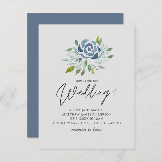 Stofblauw Bloemig Bruiloftsfeest Elegant Modern Bu (Voorkant / Achterkant)