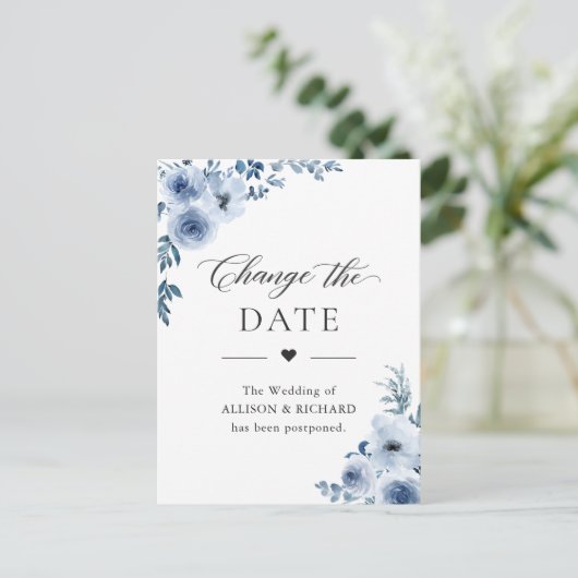 Stofblauw bloemig de datum van het evenement uitst briefkaart (Staand voorkant)