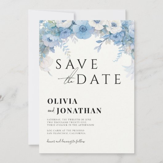 Stofblauw Bloemig Elegant Bruiloft Save The Date (Voorkant)
