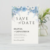 Stofblauw Bloemig Elegant Bruiloft Save The Date (Staand voorkant)