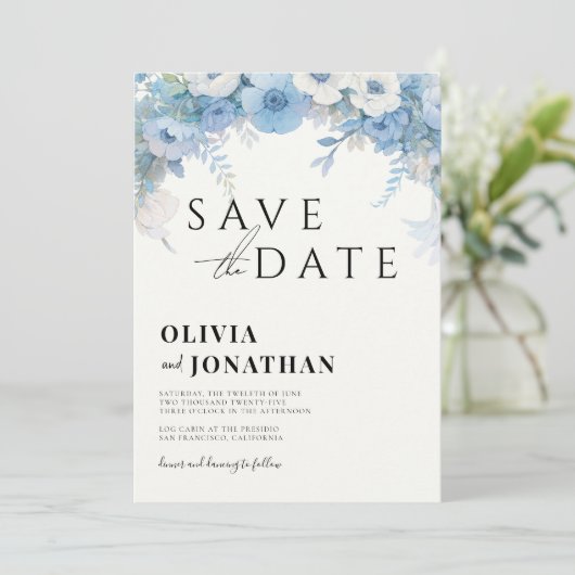 Stofblauw Bloemig Elegant Bruiloft Save The Date (Staand voorkant)