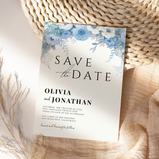 Stofblauw Bloemig Elegant Bruiloft Save The Date