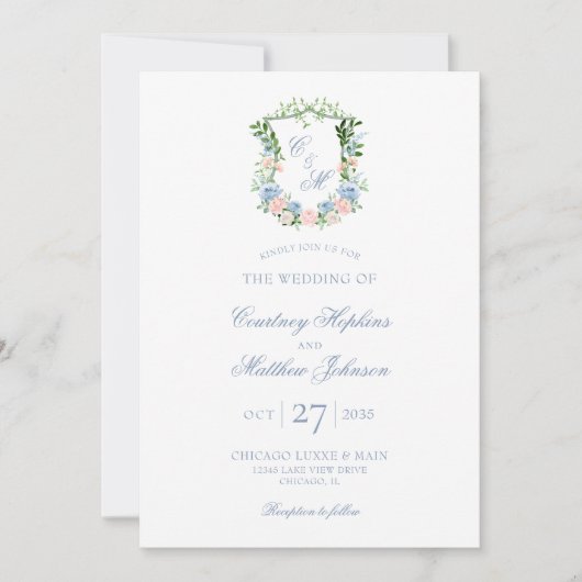 Stofblauw Bloemig Wapen All-in-One Trouwjurk Kaart (Voorkant)