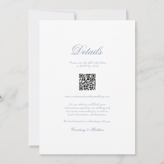 Stofblauw Bloemig Wapen All-in-One Trouwjurk Kaart (Achterkant)