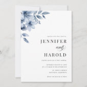 Stofblauw Bloemige Minimale All-in-One Trouw Kaart (Voorkant)
