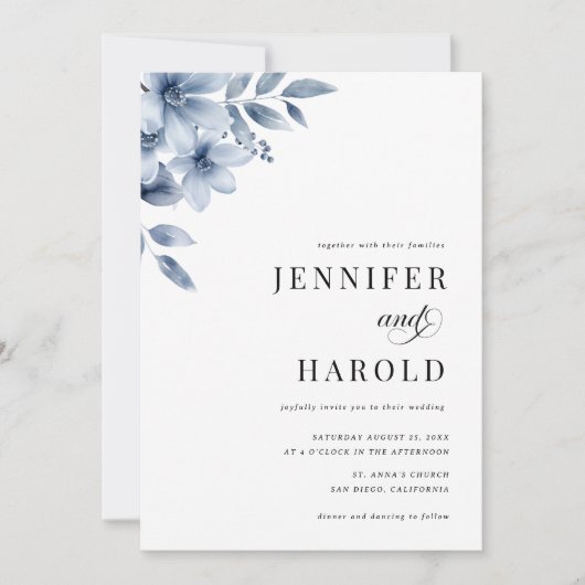 Stofblauw Bloemige Minimale All-in-One Trouw Kaart (Voorkant)