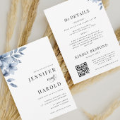 Stofblauw Bloemige Minimale All-in-One Trouw Kaart