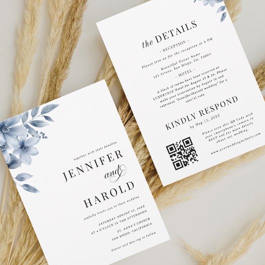 Stofblauw Bloemige Minimale All-in-One Trouw Kaart