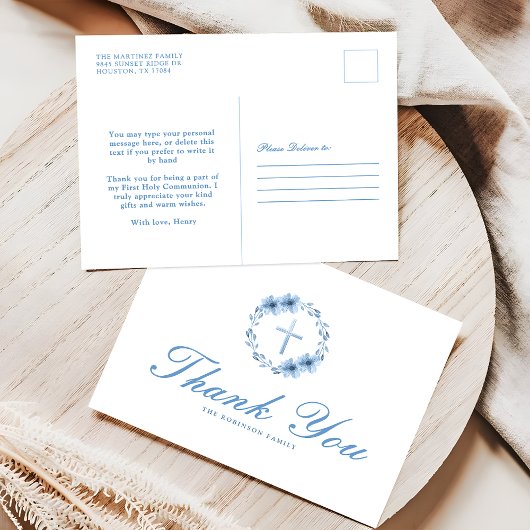 Stofblauw bloemkruis christelijke bedankjes briefkaart