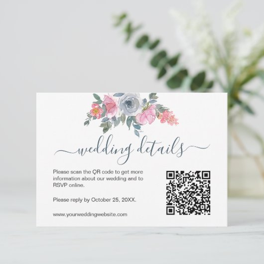 Stofblauw blozende bloem waterverf RSVP QR-code (Staand voorkant)