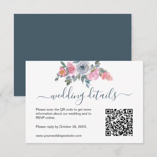 Stofblauw blozende bloem waterverf RSVP QR-code (Voorkant / Achterkant)