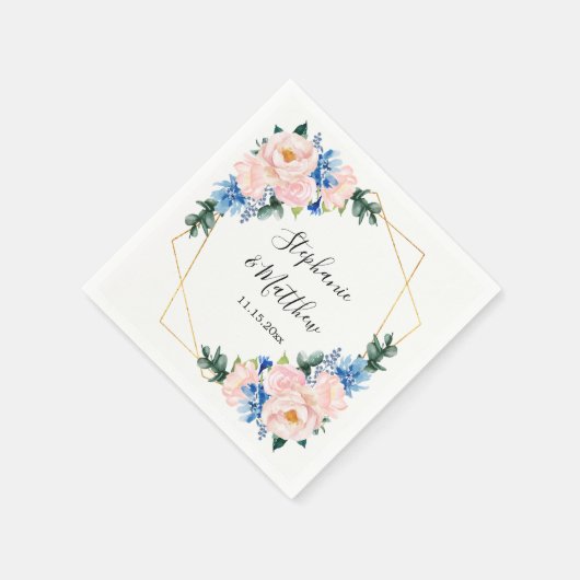 Stofblauw Blush Roze Geometrische Bloemige Bruilof Servet (Hoek)