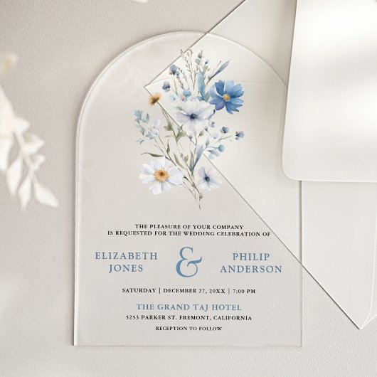 Stofblauw Boho Wilde Bloemen Bruiloft Acryl Uitnodigingen