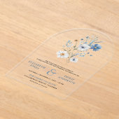 Stofblauw Boho Wilde Bloemen Bruiloft Acryl Uitnodigingen (Laagn)