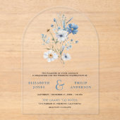 Stofblauw Boho Wilde Bloemen Bruiloft Acryl Uitnodigingen (Voorkant)