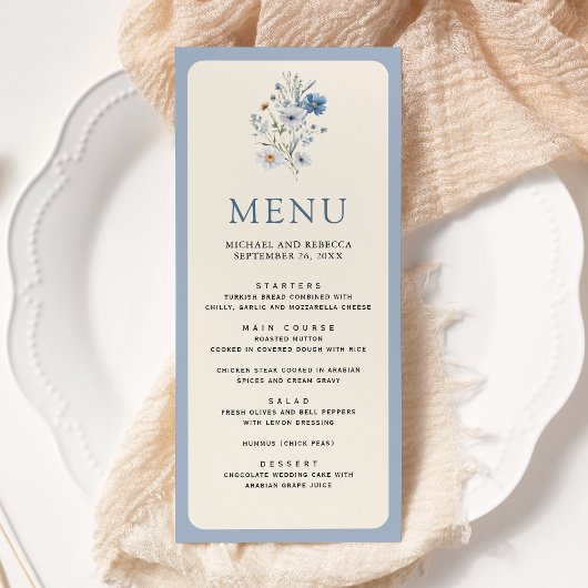 Stofblauw Boho Wilde Bloemen Bruiloft Menu