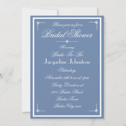 Stofblauw Bruiloft Witte Script Bruidsfeest Kaart (Voorkant)