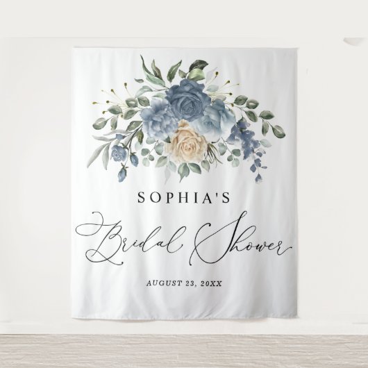 Stofblauw & Champagne Bloemige Bruidsfeest Wandkleed (Voorkant)