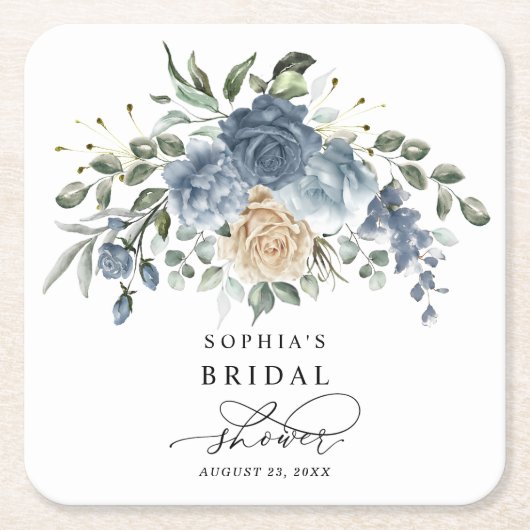 Stofblauw & Champagne Bloemige Bruiloftsshowers Kartonnen Onderzetters (Voorkant)