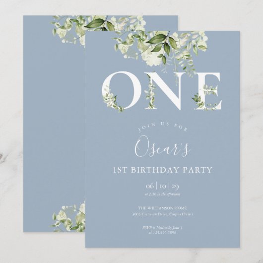 Stofblauw Cute Bloemige Groene 1e Verjaardag Kaart (Voorkant / Achterkant)