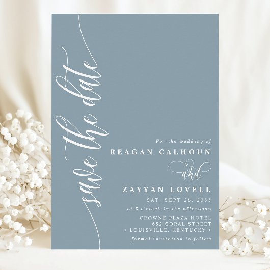 Stofblauw Eenvoudig Moderne Script Bewaar de Datum Save The Date