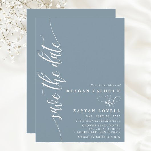 Stofblauw Eenvoudig Moderne Script Bewaar de Datum Save The Date
