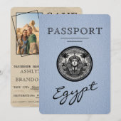 Stofblauw Egyptisch Paspoort Trouw Save the Date (Voorkant / Achterkant)