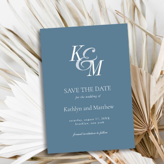 Stofblauw Elegant Klassiek Monogram Huwelijk Save The Date