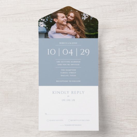 Stofblauw Elegant Monogram Foto Trouwdatum All In One Uitnodiging (Binnen)