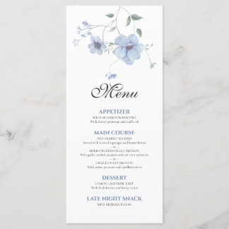 Stofblauw Elegant Waterverf Bloem Bruiloft Menu